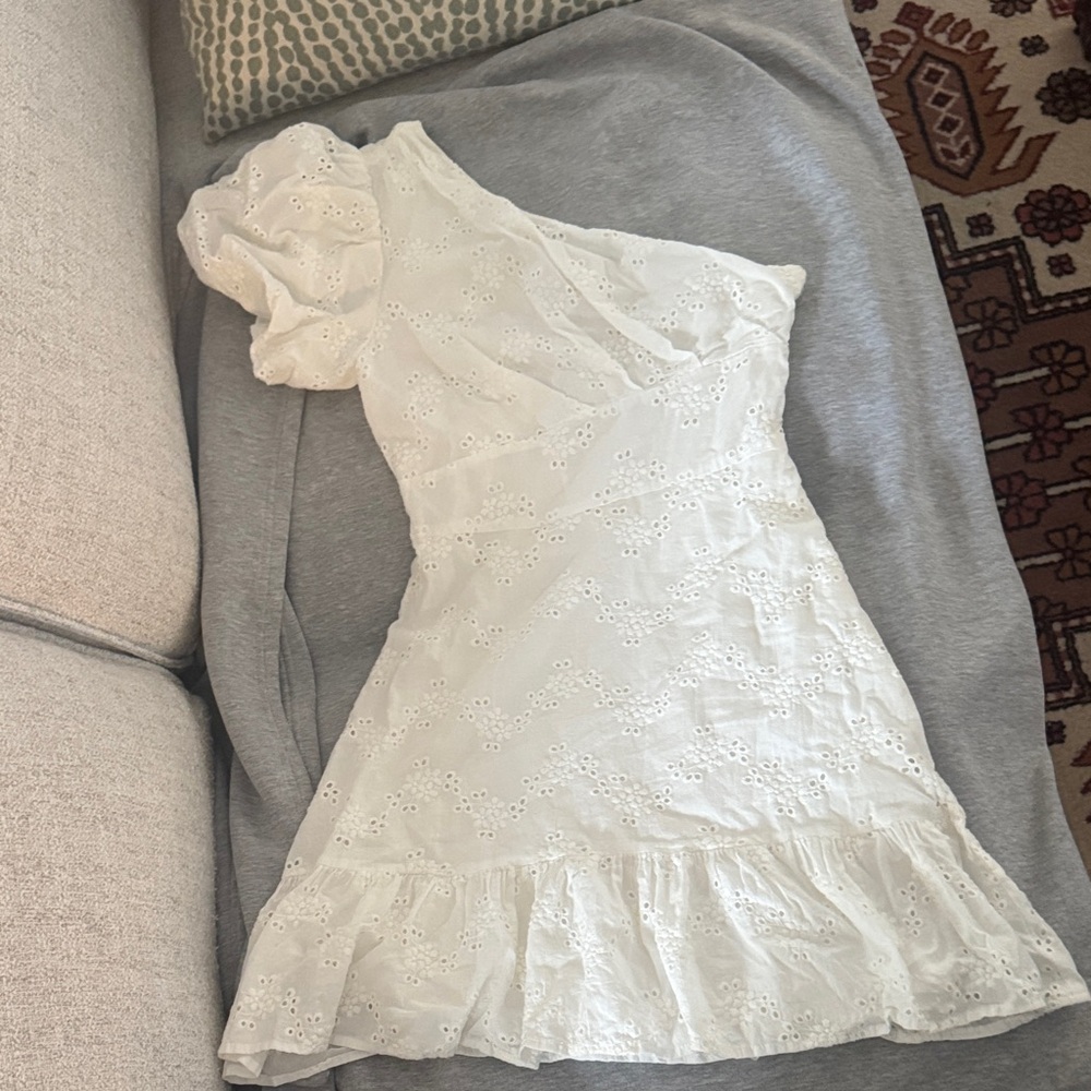 Urban Outfitters White Eyelet One Shoulder Puff Sleeve Dress